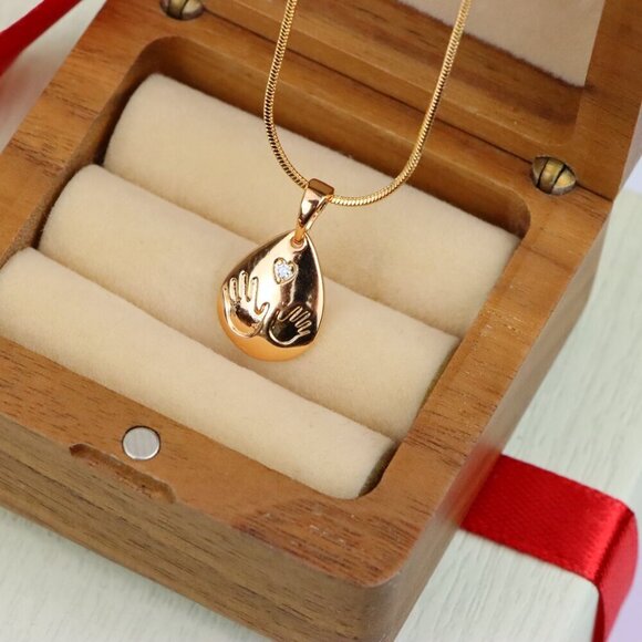 "Rose Gold Teardrop Pendant with Hand Imprint & Heart Accent Design, XPPT1382 - Picture 10 of 13
